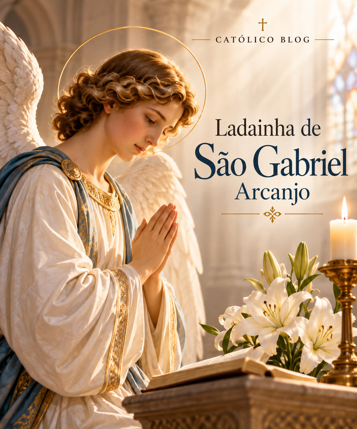 São Gabriel Arcanjo em oração diante de uma Bíblia, com lírios e uma vela