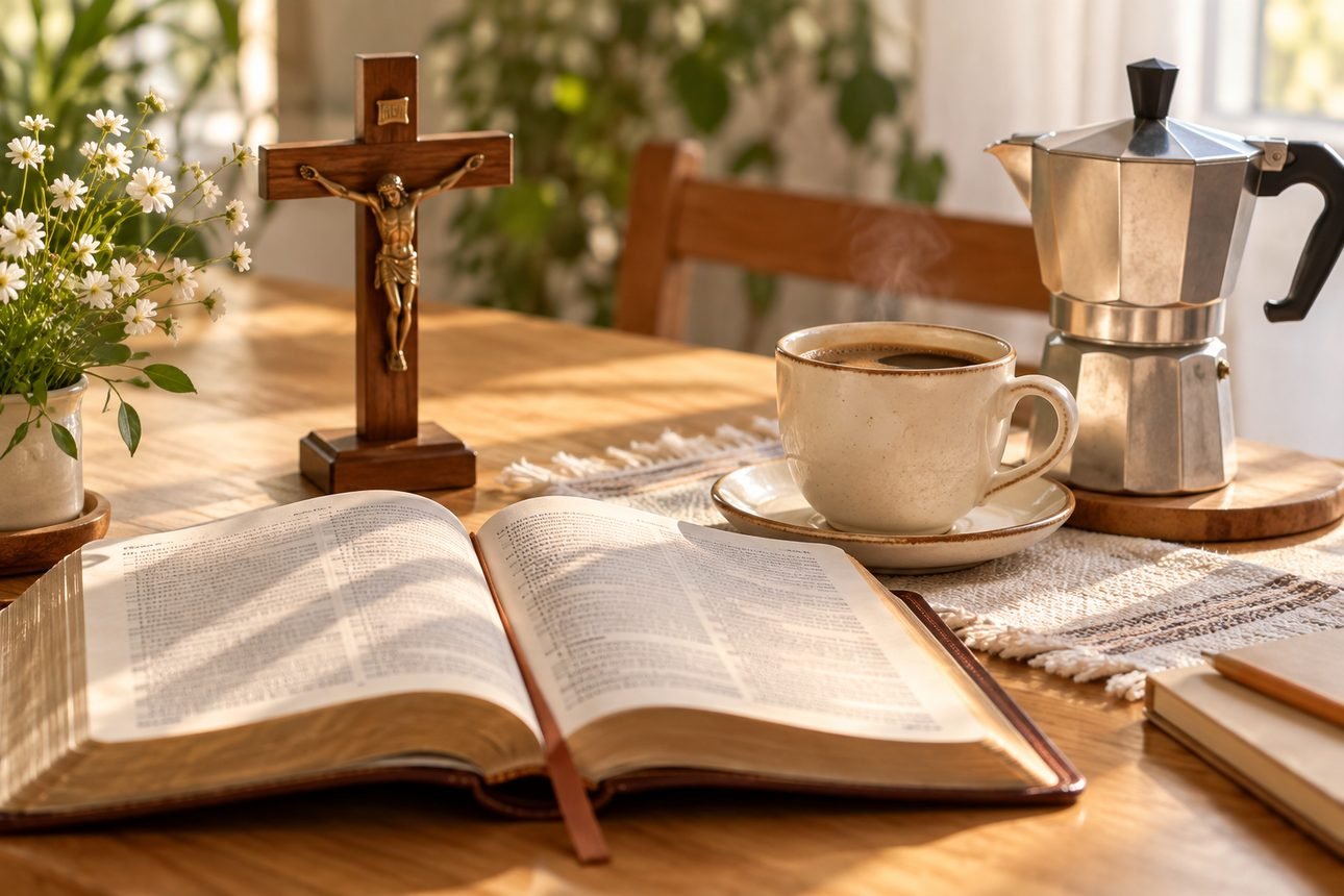Bíblia aberta, crucifixo e café sobre a mesa