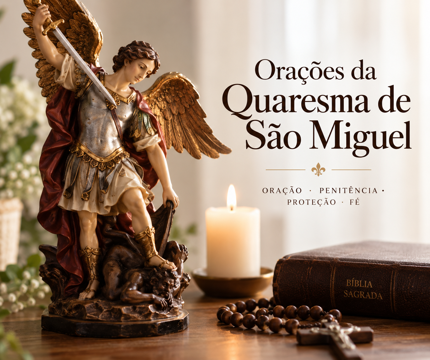 São Miguel Arcanjo em momento de oração, com vela, Bíblia e rosário