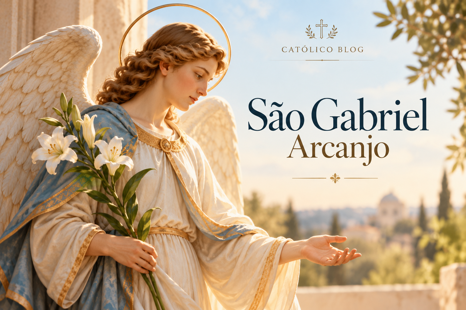 São Gabriel Arcanjo com lírios e asas, em uma cena iluminada