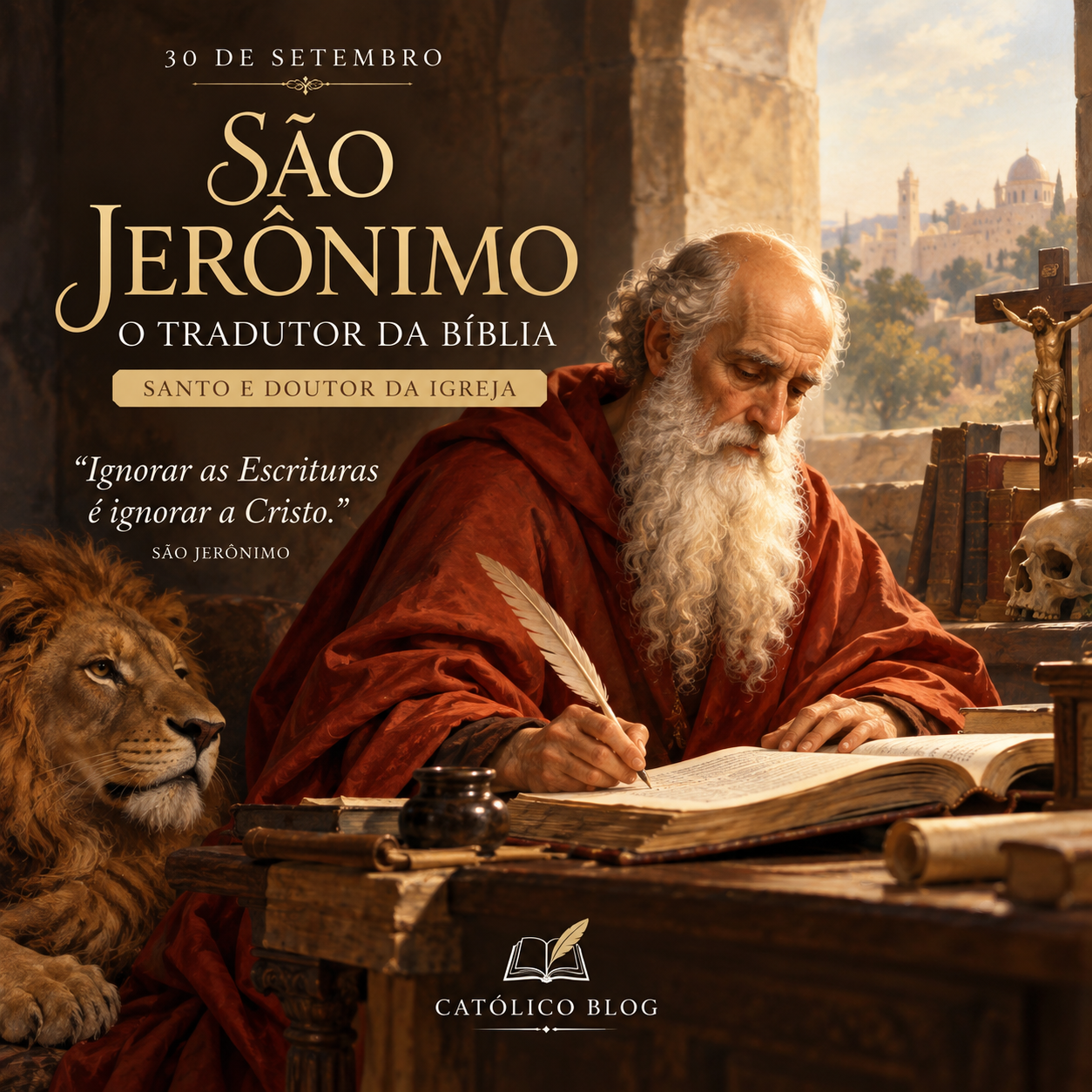 São Jerônimo escrevendo as Sagradas Escrituras ao lado de um leão