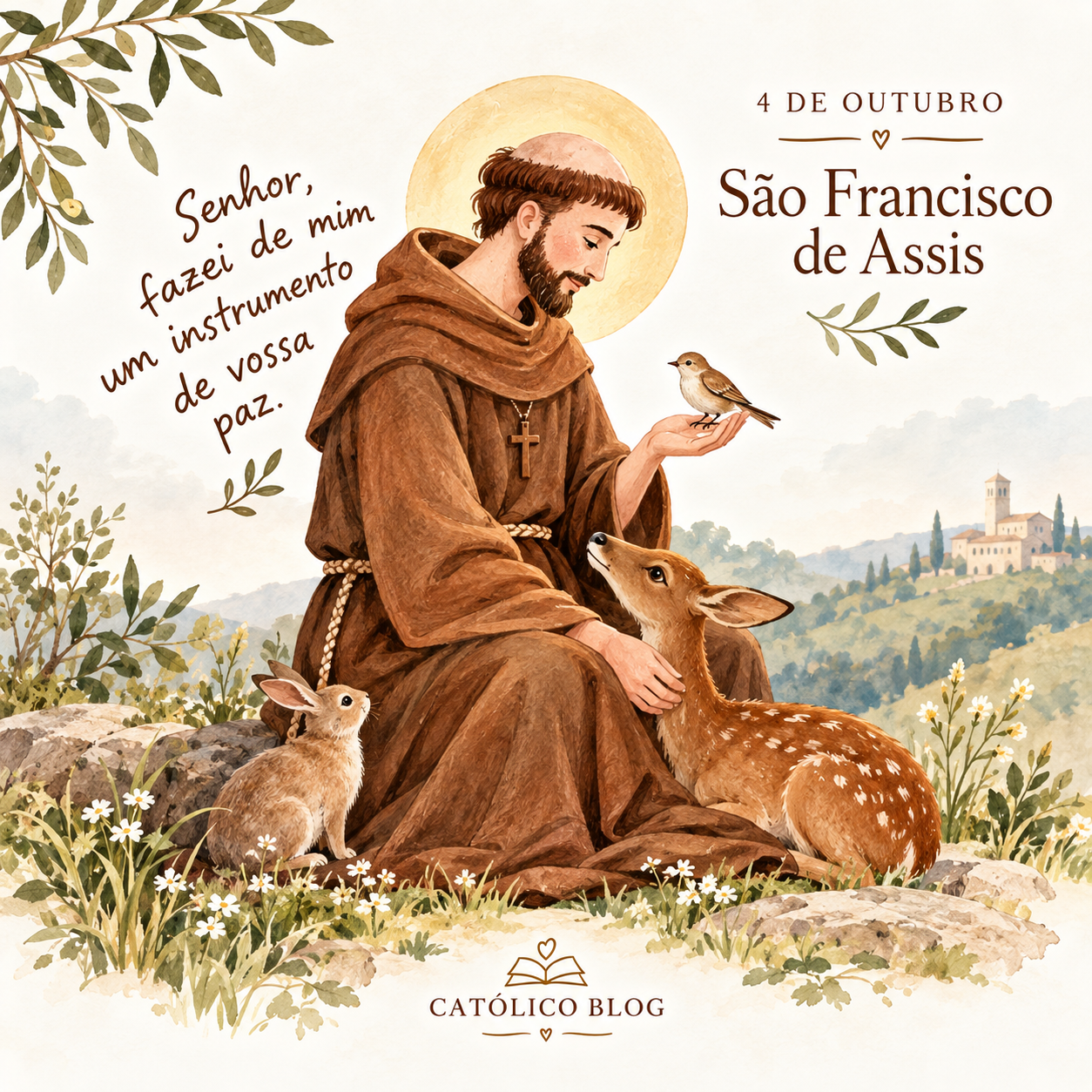 São Francisco de Assis em representação religiosa, com a data 4 de outubro e elementos que remetem à sua vida de fé